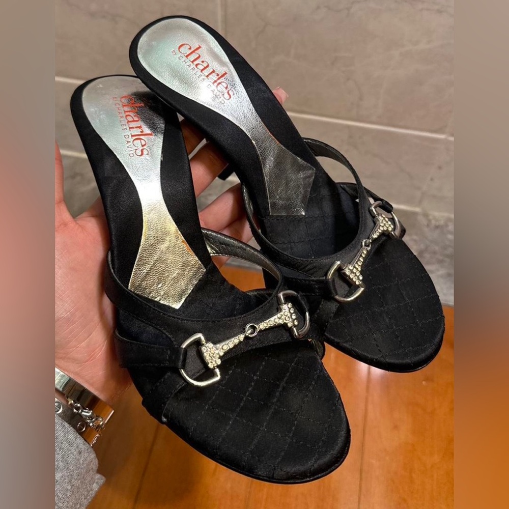 The most amazing black open toe heels. Crystal buckle detail in the front.